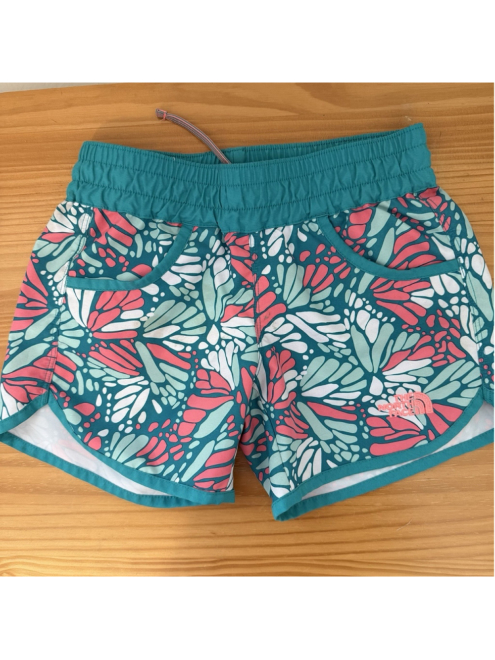 Girls North Face Water Shorts Teal, Pink & White Butterfly Print Size Small